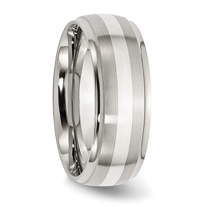 Chisel Stainless Steel Sterling Silver Inlay Brushed and Polished 8mm Ridged Edge Band