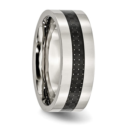 Chisel Stainless Steel Polished with Black Carbon Fiber Inlay 8mm Flat Band