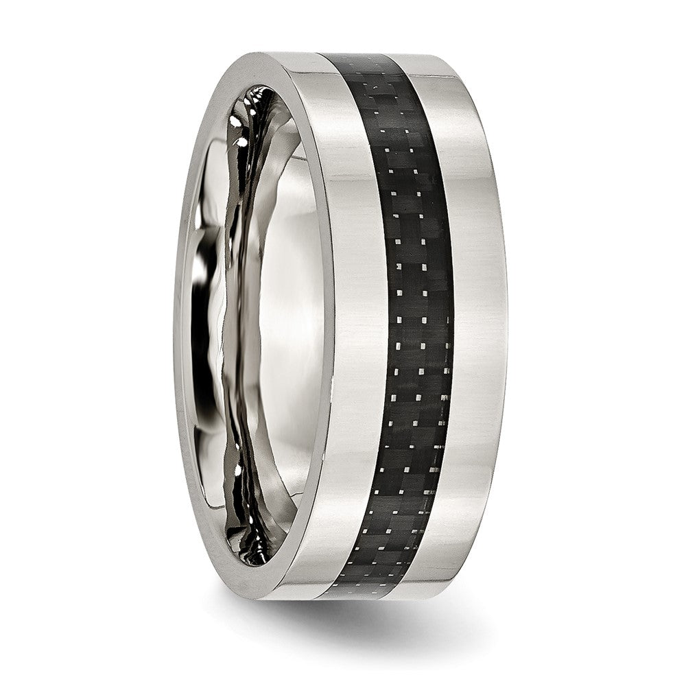 Chisel Stainless Steel Polished with Black Carbon Fiber Inlay 8mm Flat Band