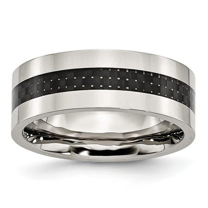 Chisel Stainless Steel Polished with Black Carbon Fiber Inlay 8mm Flat Band
