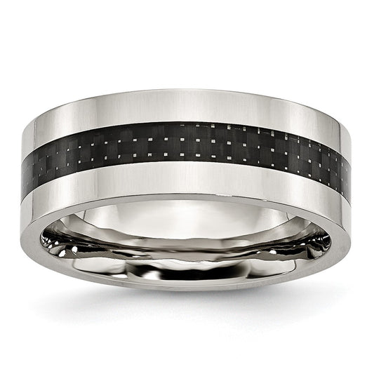 Chisel Stainless Steel Polished with Black Carbon Fiber Inlay 8mm Flat Band