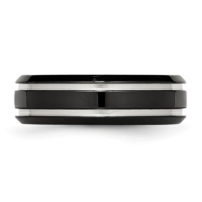 Chisel Stainless Steel Polished Black IP-plated 7mm Grooved Band