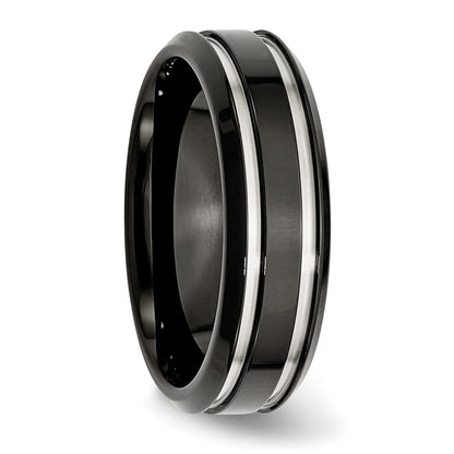 Chisel Stainless Steel Polished Black IP-plated 7mm Grooved Band