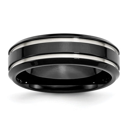 Chisel Stainless Steel Polished Black IP-plated 7mm Grooved Band
