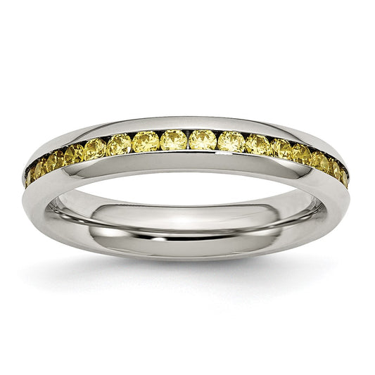 Chisel Stainless Steel Polished 4mm November Yellow CZ Ring