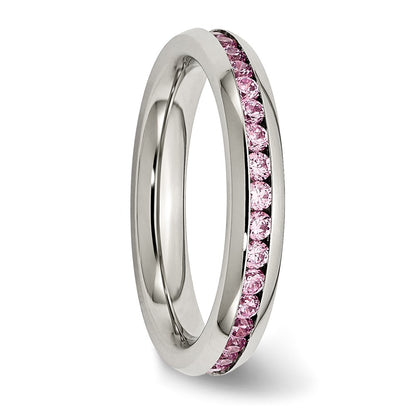 Chisel Stainless Steel Polished 4mm October Pink CZ Ring