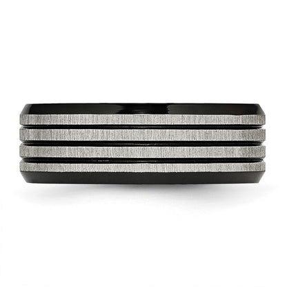 Chisel Stainless Steel Brushed and Polished Black IP-plated Striped 8mm Band