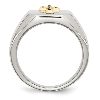Chisel Stainless Steel Polished with 14k Gold Accent 1/15 Carat Sapphire Cross Signet Ring