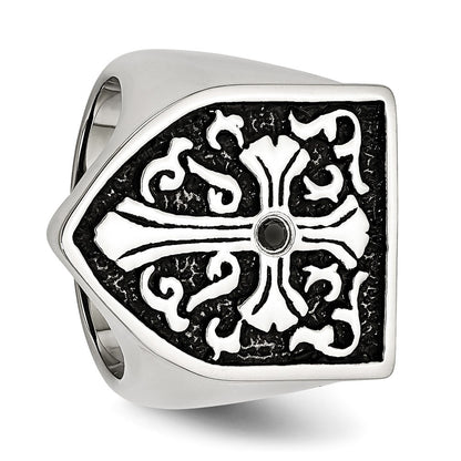 Chisel Stainless Steel Antiqued and Polished 1/20 Carat Black Diamond Shield Ring