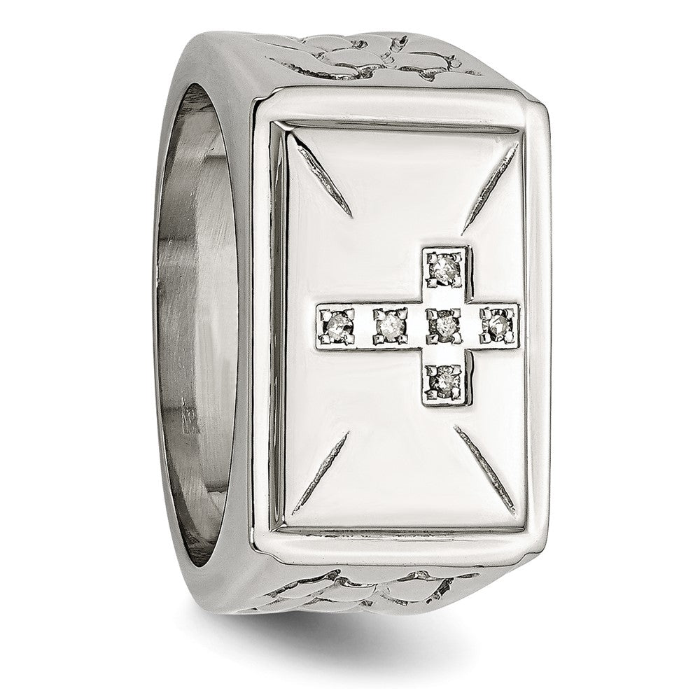 Chisel Stainless Steel Polished and Textured 1/15 Carat Diamond Cross 13.25mm Band