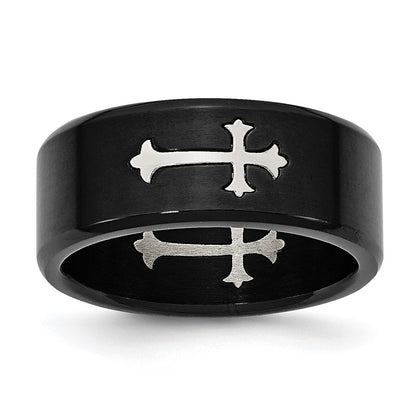 Chisel Stainless Steel Brushed Black IP-plated with Cross 9mm Band