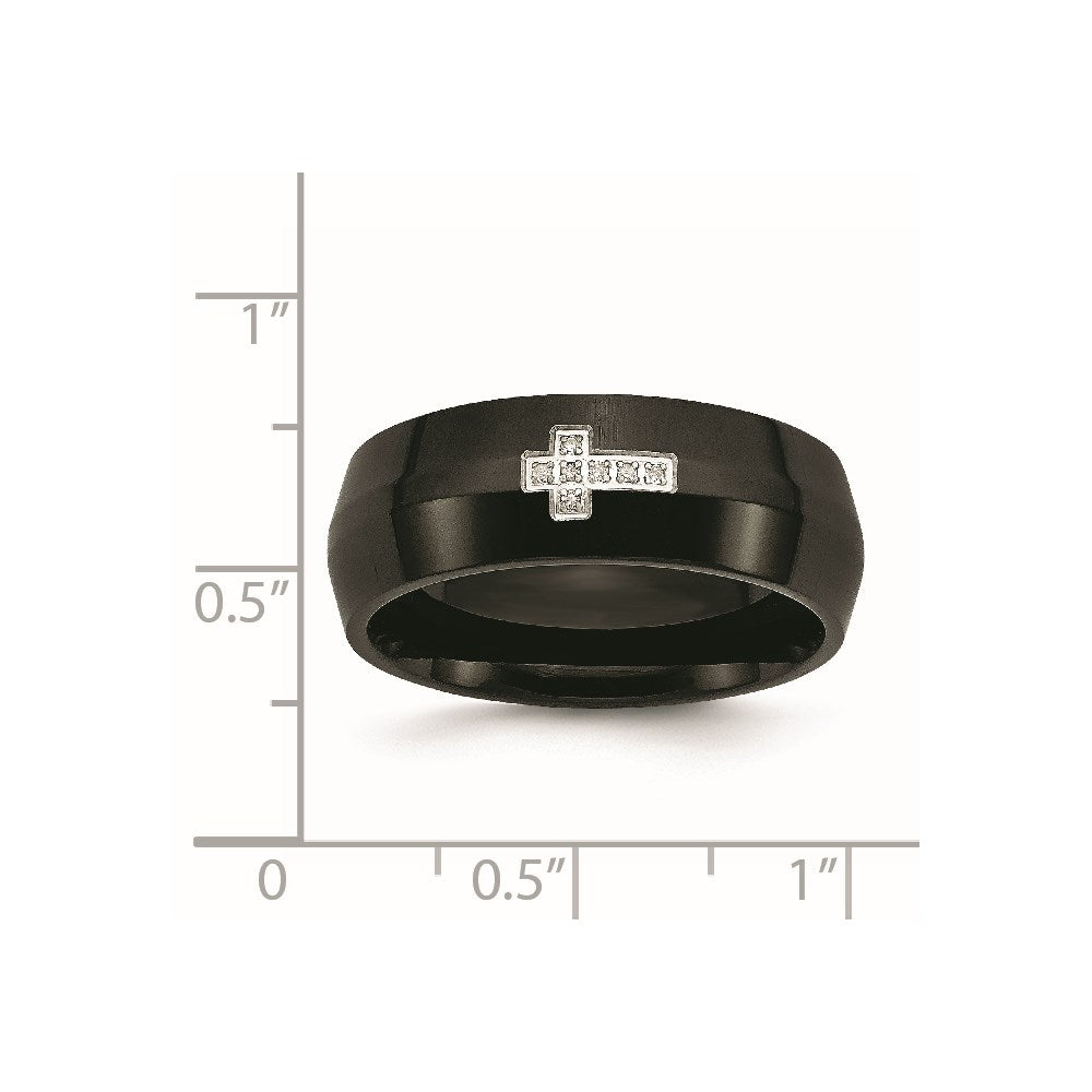Chisel Stainless Steel Polished Black IP-plated 2pt Diamond Cross 8mm Band