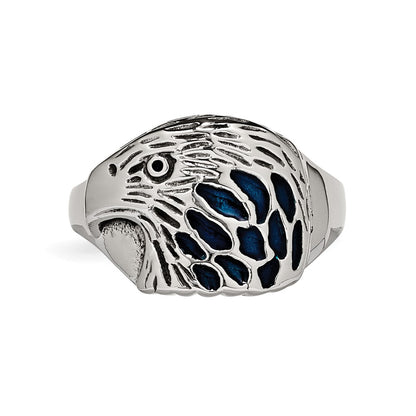 Chisel Stainless Steel Polished and Textured Blue Enamel Eagle Ring