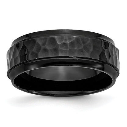 Chisel Stainless Steel Polished and Hammered Black IP-plated 8mm Beveled Edge Band