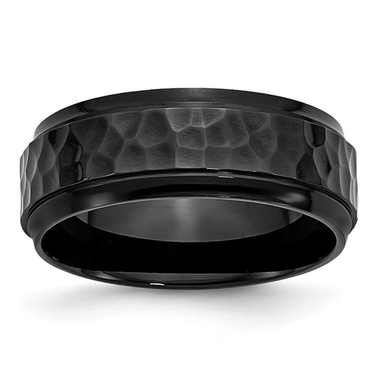 Chisel Stainless Steel Polished and Hammered Black IP-plated 8mm Beveled Edge Band