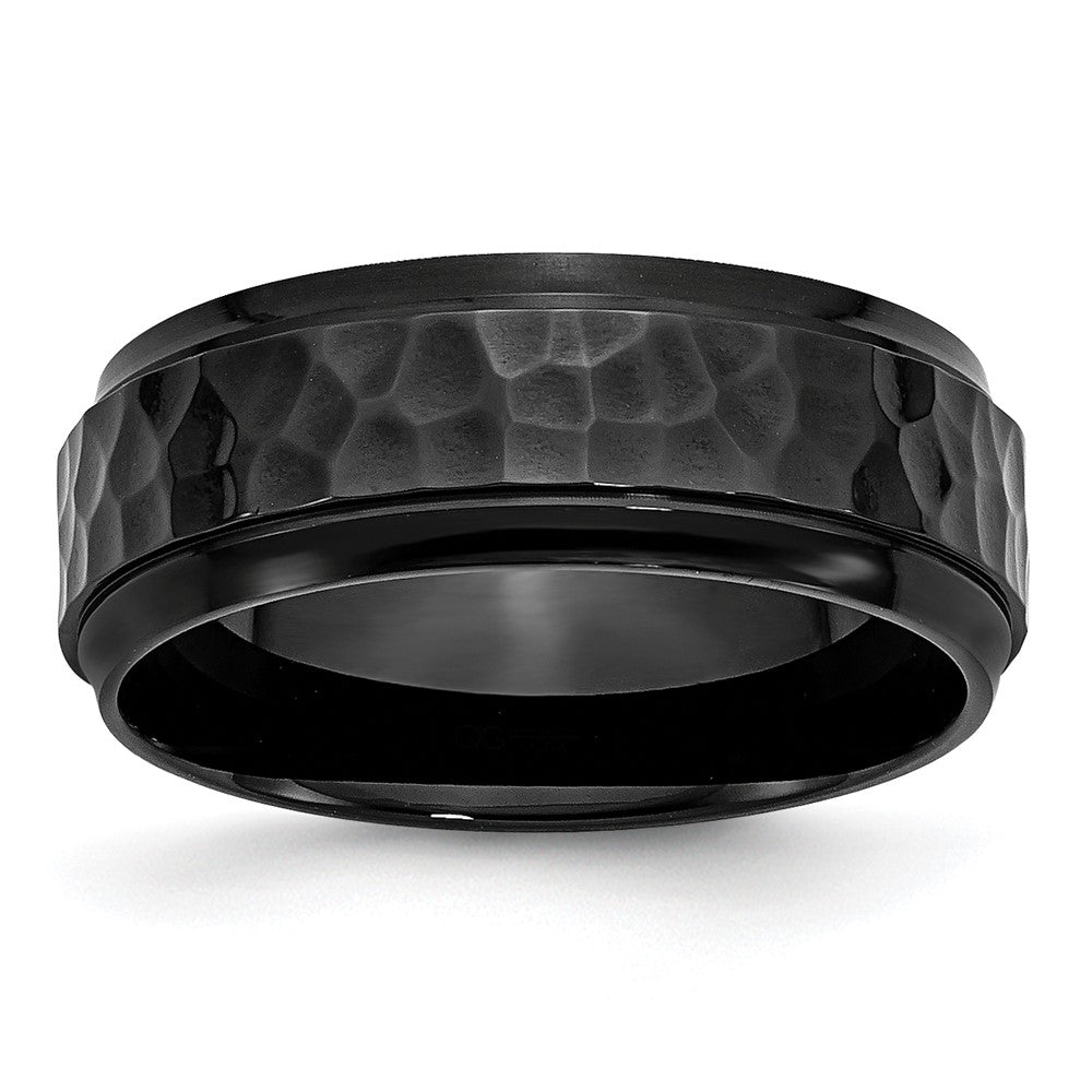 Chisel Stainless Steel Polished and Hammered Black IP-plated 8mm Beveled Edge Band