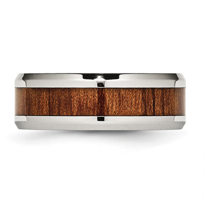 Chisel Stainless Steel Polished Red/Orange Koa Wood Enameled 8mm Band