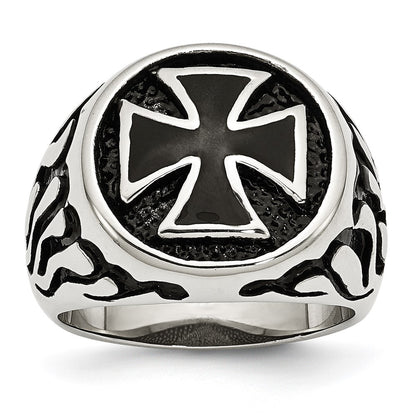 Chisel Stainless Steel Antiqued Polished and Textured Black IP-plated Cross Ring
