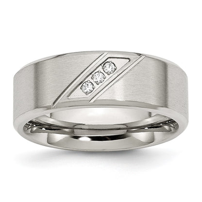 Chisel Stainless Steel Brushed and Polished with CZ 8mm Beveled Edge Band