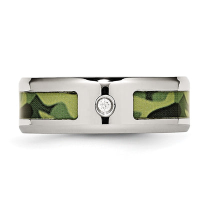 Chisel Stainless Steel Polished with CZ Printed Green Camo Under Rubber 8mm Band