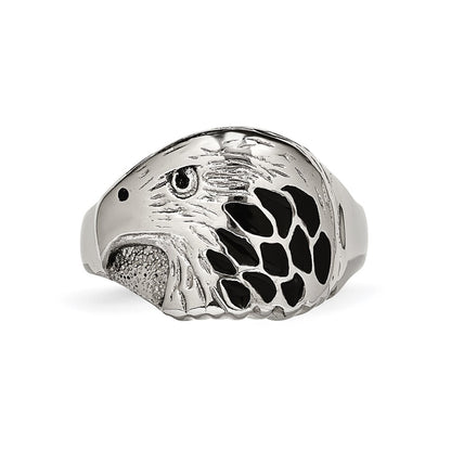 Chisel Stainless Steel Polished and Textured Black Enameled Eagle Ring