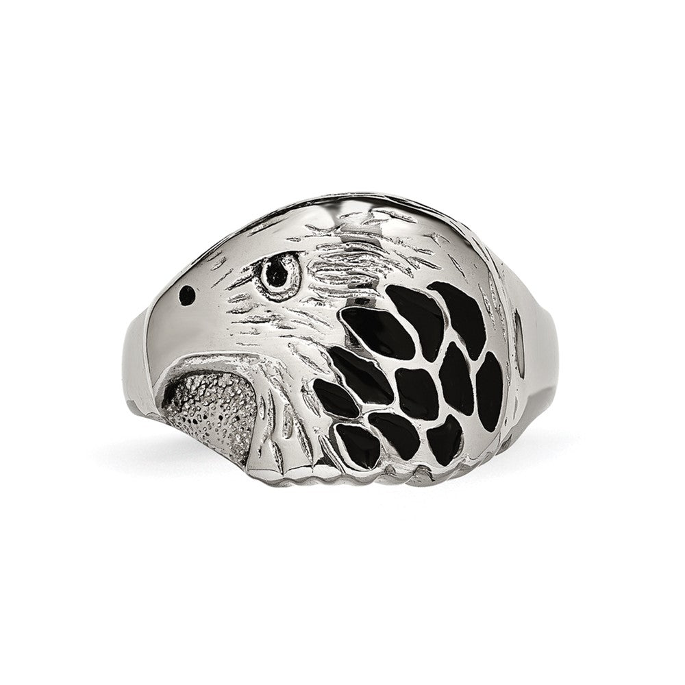 Chisel Stainless Steel Polished and Textured Black Enameled Eagle Ring