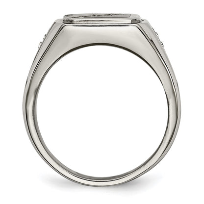Chisel Stainless Steel Brushed and Polished with Black Enamel CZ Ring