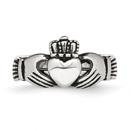 Chisel Stainless Steel Antiqued Love, Loyalty, Friendship Claddagh Hinged Ring
