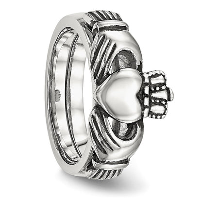 Chisel Stainless Steel Antiqued Love, Loyalty, Friendship Claddagh Hinged Ring
