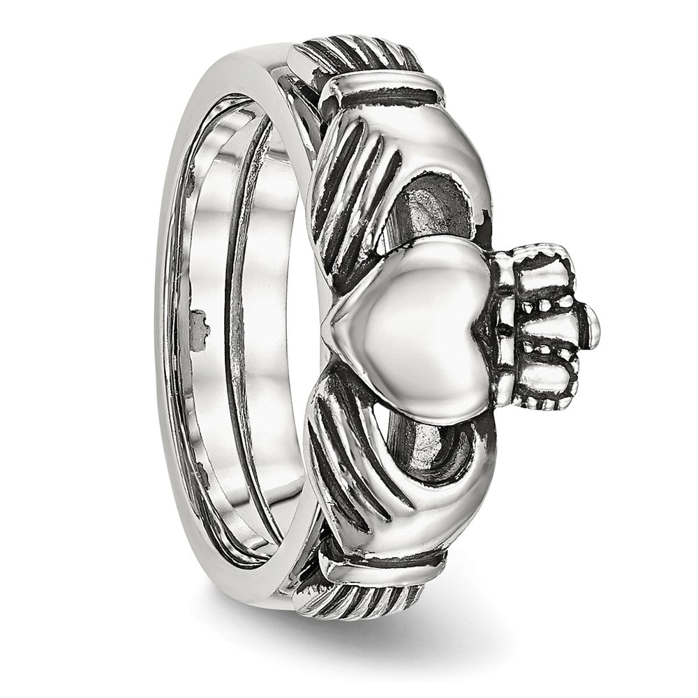 Chisel Stainless Steel Antiqued Love, Loyalty, Friendship Claddagh Hinged Ring