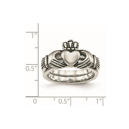 Chisel Stainless Steel Antiqued Love, Loyalty, Friendship Claddagh Hinged Ring
