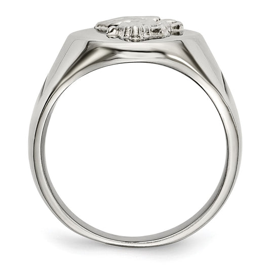 Chisel Stainless Steel Polished with Sterling Silver Praying Hands Ring