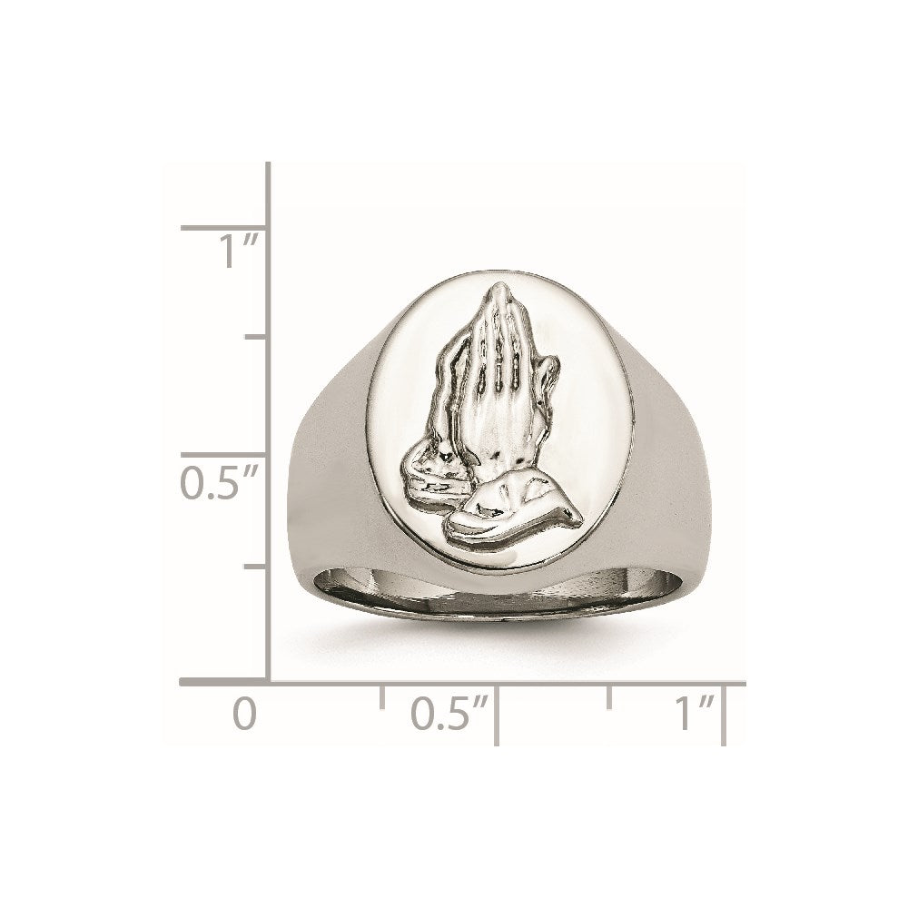 Chisel Stainless Steel Polished with Sterling Silver Praying Hands Ring