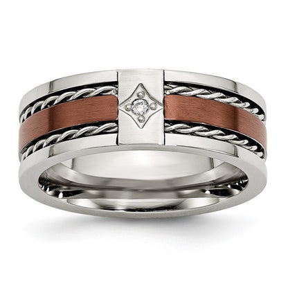 Chisel Stainless Steel Brushed and Polished Brown IP-plated .02 Carat Diamond 8mm Band