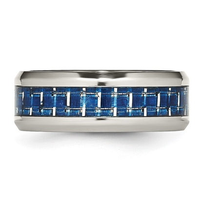 Chisel Stainless Steel Polished with Blue Carbon Fiber Inlay 8mm Beveled Edge Band