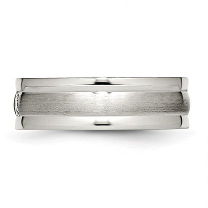 Chisel Stainless Steel Polished with Brushed Center CZ 7mm Grooved Band