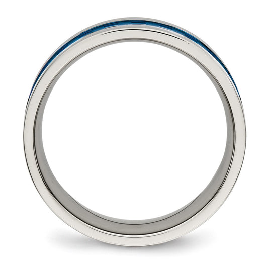 Chisel Stainless Steel Polished Blue IP-plated Checkered Design 7mm Band