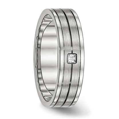 Chisel Stainless Steel Polished with Brushed Center CZ 6mm Grooved Band