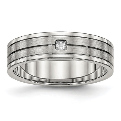 Chisel Stainless Steel Polished with Brushed Center CZ 6mm Grooved Band