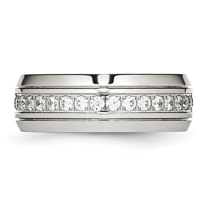 Chisel Stainless Steel Polished and Grooved with CZ 8mm Half Round Band