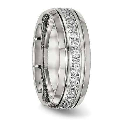 Chisel Stainless Steel Polished and Grooved with CZ 8mm Half Round Band