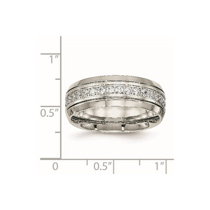 Chisel Stainless Steel Polished and Grooved with CZ 8mm Half Round Band