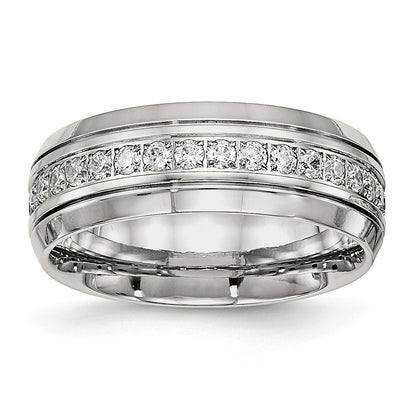 Chisel Stainless Steel Polished and Grooved with CZ 8mm Half Round Band
