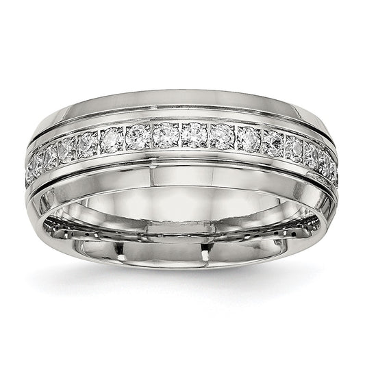 Chisel Stainless Steel Polished and Grooved with CZ 8mm Half Round Band