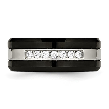 Chisel Stainless Steel Polished Black Ceramic with CZ Beveled Edge Ring