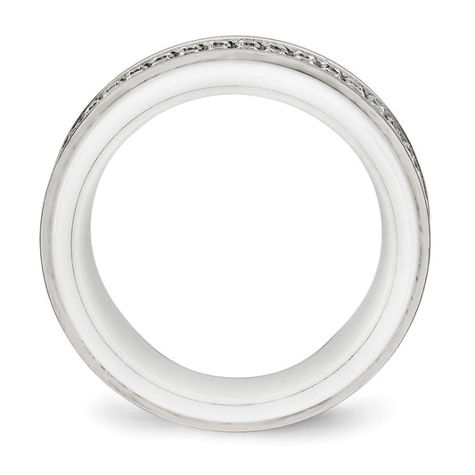 Chisel Stainless Steel Polished White Ceramic CZ Ridged Edge Ring