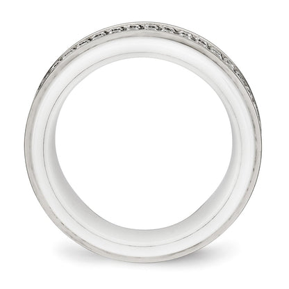 Chisel Stainless Steel Polished White Ceramic CZ Ridged Edge Ring