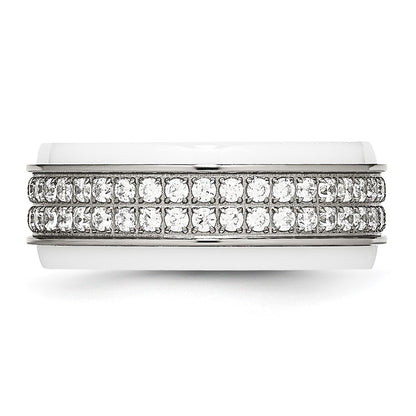 Chisel Stainless Steel Polished White Ceramic CZ Ridged Edge Ring