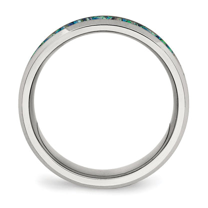 Chisel Stainless Steel Polished with Blue Imitation Opal Inlay 8mm Band