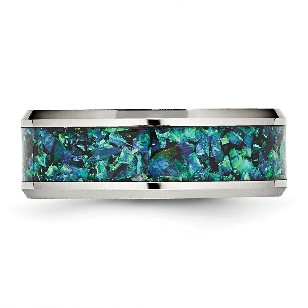 Chisel Stainless Steel Polished with Blue Imitation Opal Inlay 8mm Band